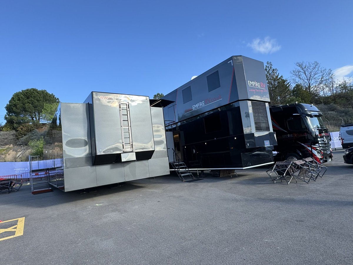 EmpireRV's tweet photo. Hello from sunny @Circuitcat_eng for @EuropeanLMS Here are our two @riojavehicles set up ready for our clients! https://t.co/Uj9OYLTkrY