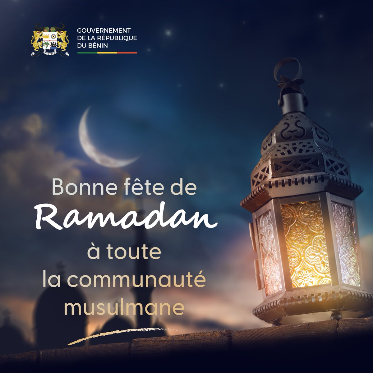 #Gouvbenin | #Wasexo | #EidAlFitr2024 | #AidMubarak | 🇧🇯 Le Gouvernement du Bénin souhaite une bonne célébration de la fête du #Ramadan à toute la communauté musulmane.