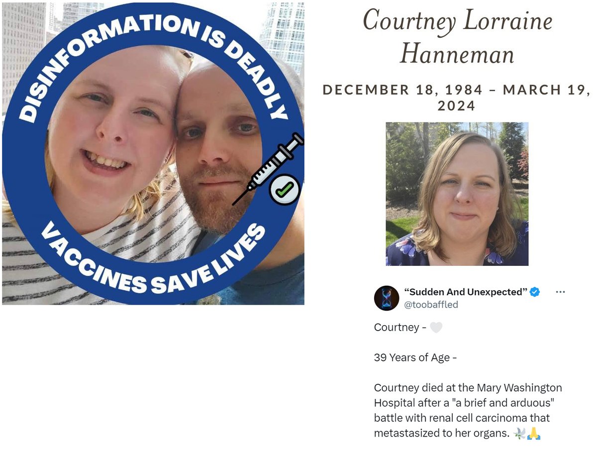 Fredericksburg, VA - 39 year old Courtney Lorraine Hanneman died on March 19, 2024 'after a brief and arduous battle with renal cell carcinoma that metastasized to her organs' Normally, pathologists would be staining tumor tissue for COVID-19 Vaccine mRNA & spike proteins but…