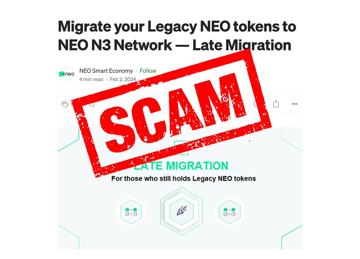 ⚠️ As Neo's popularity grows, we would like to remind the community to remain vigilant against scams. Remember to refer to Neo's official Medium account: neo-blockchain.medium.com And the correct migration portal: neo.org/migration. Stay #SAFU ! 🛡️