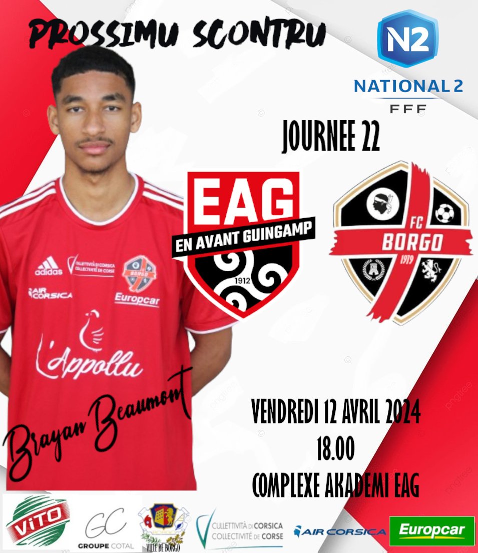 Championnat National 2️⃣ ⚔️ @EAGuingamp - FC Borgo ⚽️ journée 22 📅 Vendredi 12 avril ⌚️ 18h00 🏟 Complexe Akademi EAG 5 derniers matchs (de la 17ème à la 21ème journée ) FC Borgo : ✅️❌️🤝❌️❌️ EA Guingamp : ❌️❌️✅️❌️❌️ Forza FCB ❤️🖤