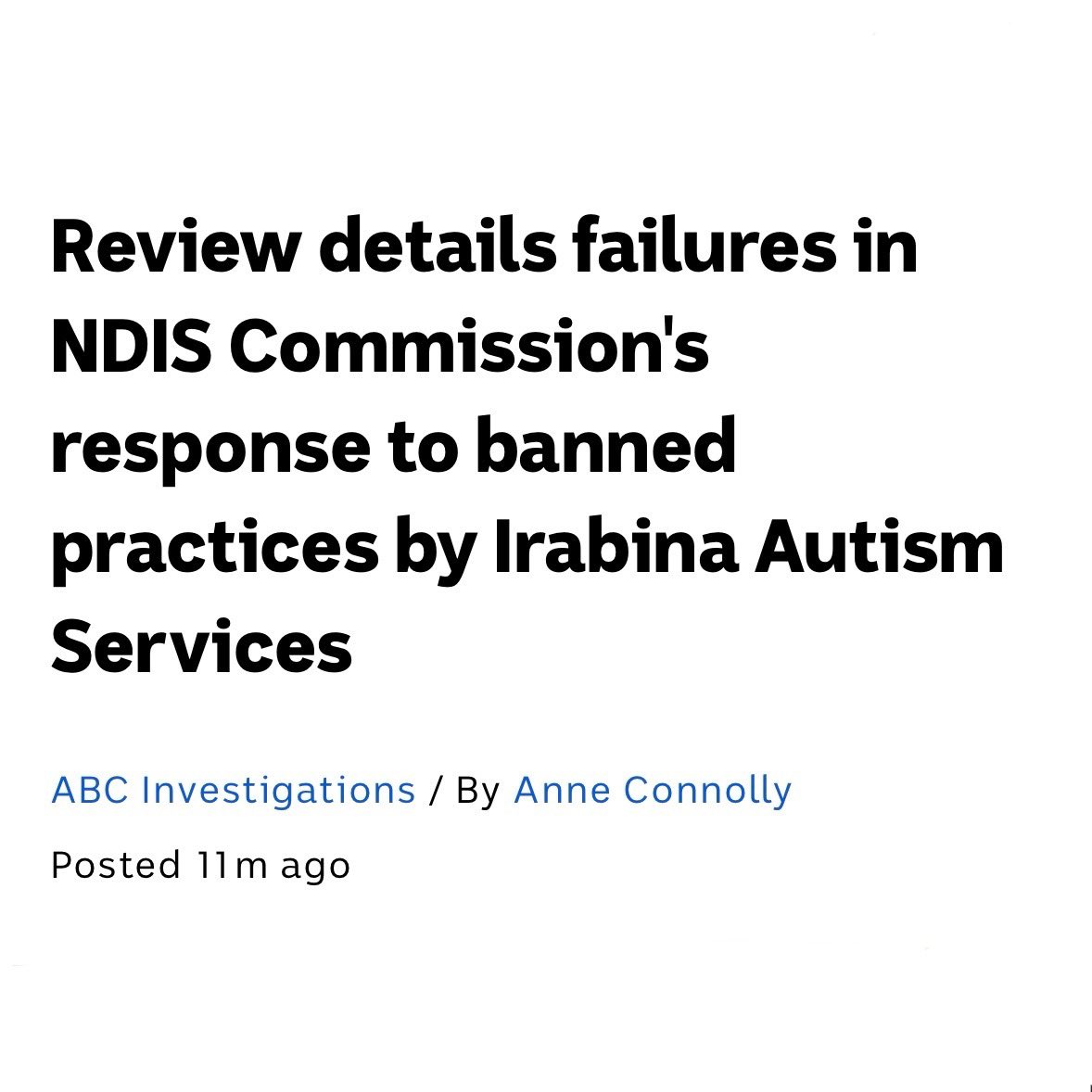 The NDIS Quality and Safeguards Commission failure to shut down the prohibited program at Irabina Autism Services has ultimately failed the disabled community. Poor ‘resourcing’ is not an excuse for risking disabled children’s lives. I am appalled. abc.net.au/news/2024-04-1…
