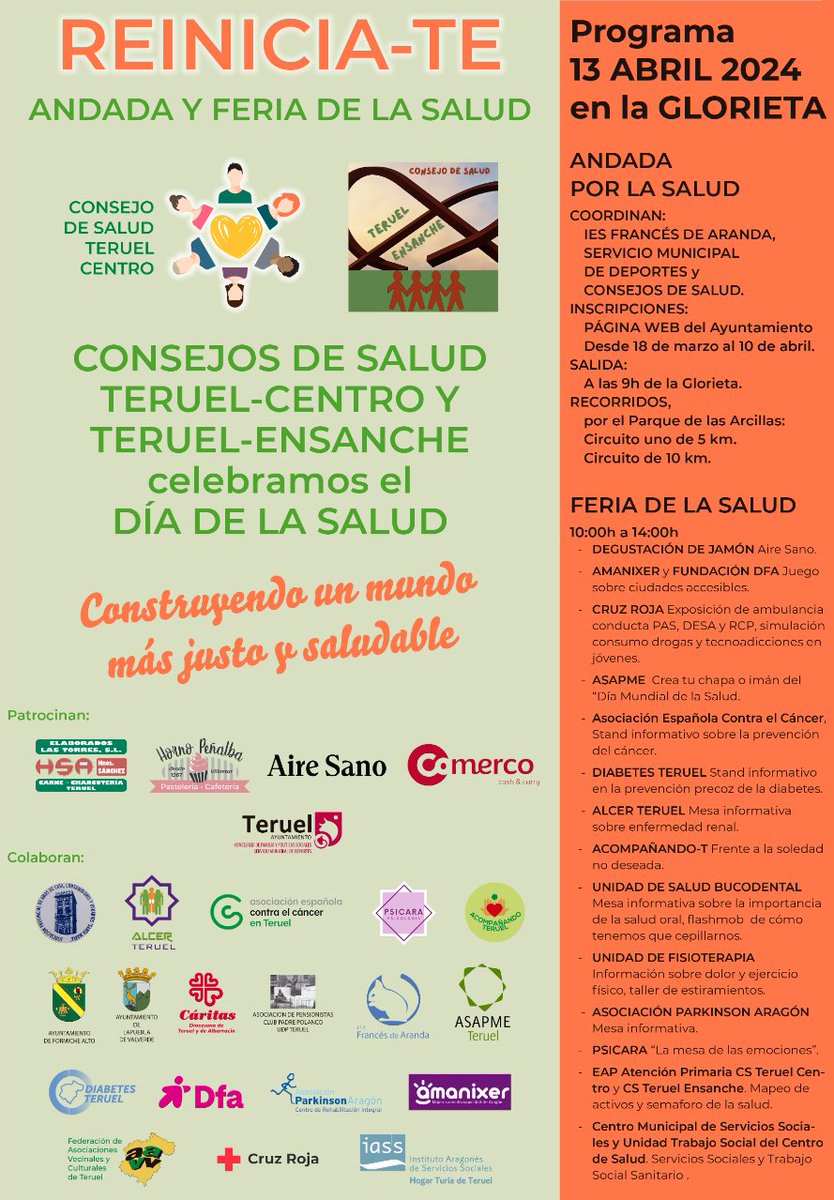 FundacionDfa's tweet photo. 📢Atención #Teruel‼️
📌El 13 de abril celebraremos junto a Consejo de Salud Centro y Ensanche y otras entidades el #DíadelaSalud con una #Andada y una Feria bajo el lema #ReiniciaT "Construyendo un mundo más justo y saludable"
📌Y ahí estaremos con #CiudadesAccesibles y @amanixer https://t.co/A7zpkSaD2M