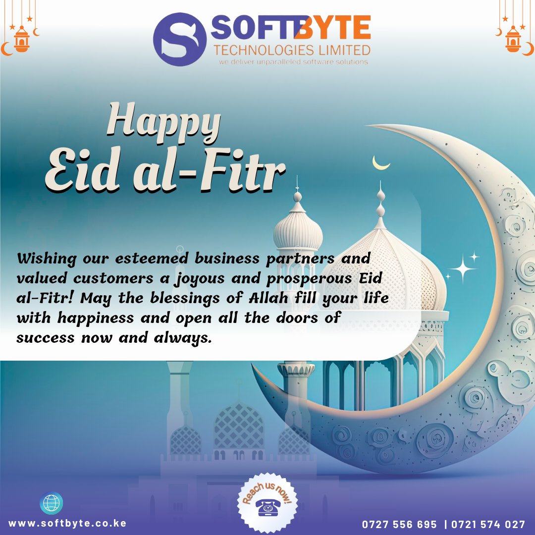 softbytetech's tweet photo. Eid Mubarak to all our esteemed business partners and valued customers! Wishing you a blessed and purposeful Eid filled with joy and success. 🌙✨ Let's continue our journey together towards excellence! #EidAlFitr #SoftByte Contact us: +254727556695 or info@softbyte.co.ke https://t.co/kUFC14I0aV
