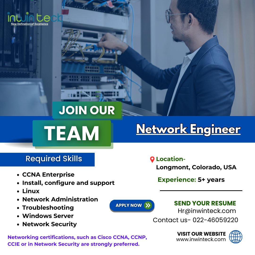 Inwinteck_com's tweet photo. Join us as we are #Hiring for a Network Engineer for the Longmont, Colorado, USA location. Are you ready to take your career to new heights? Apply now! 🚀💻

📧 Send your resume to 𝗵𝗿@𝗶𝗻𝘄𝗶𝗻𝘁𝗲𝗰𝗸.𝗰𝗼𝗺 and let's embark on this journey together.

#Hiring #NetworkEngineer https://t.co/qUmJJYHDSV