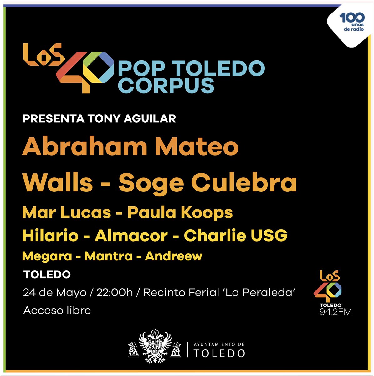 🔥 Aquí tienes el cartel completo de #LOS40PopToledo #corpus2024🔥 🎙️ @TonyAguilarOfi presenta la 11a edición del #festival #pop más multitudinario al aire libre y gratuito de #CastillaLaMancha 🗓️ 24/05 📍 Recinto ferial ‘La Peraleda’ ⏰ 22:00h ¡Acceso libre!