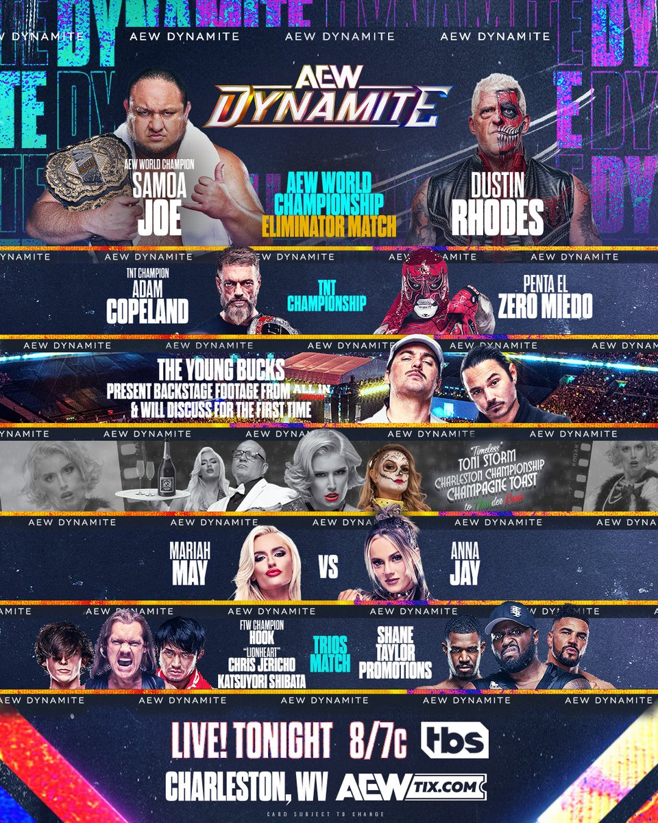 #AEWDynamite will be LIVE TONIGHT from from the @chaswvccc in Charleston, WV with an EXPLOSIVE night of action at 8pm ET/7pm CT on @TBSNetwork!