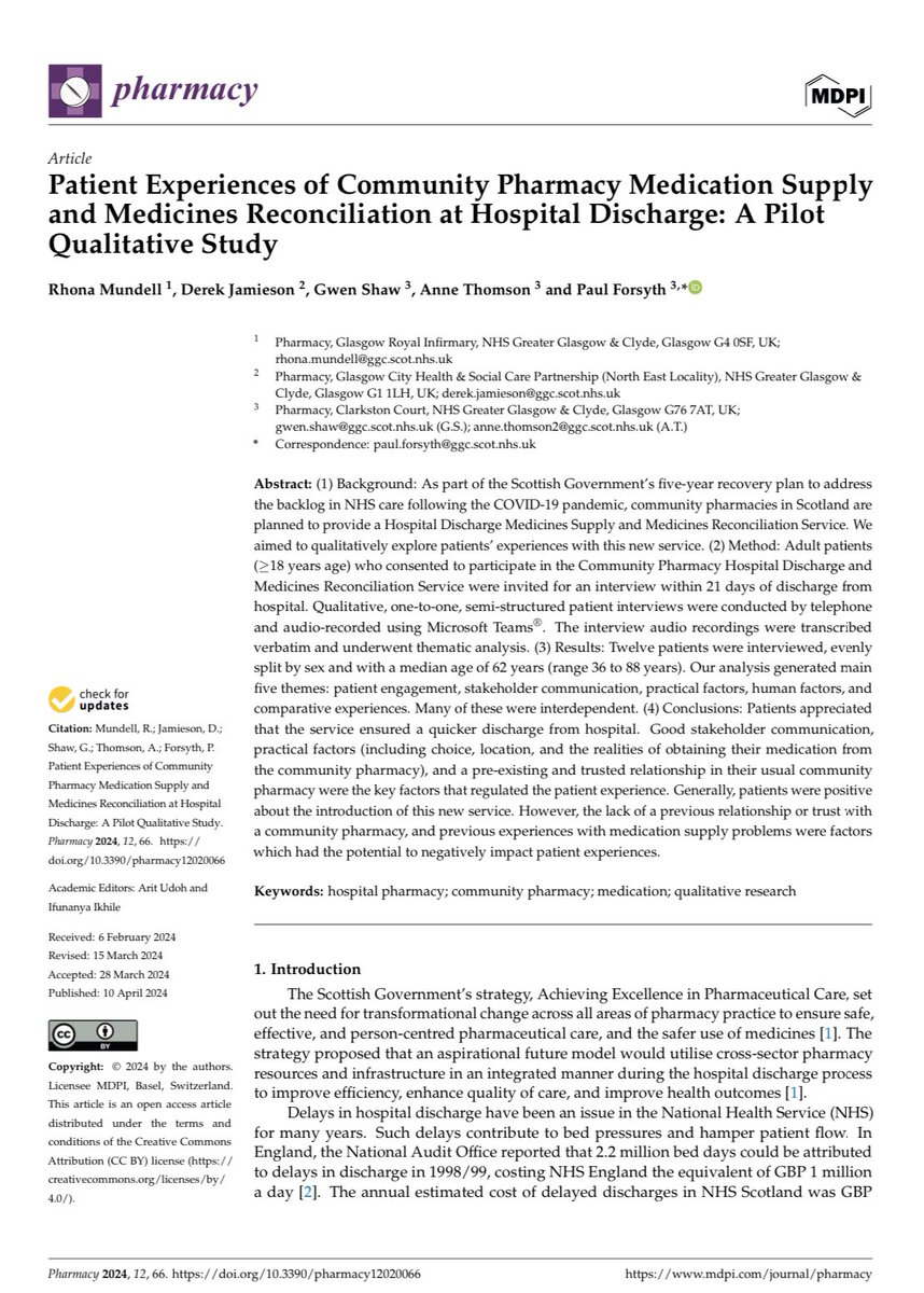 Another 1st time author through the @NHSGGCPharmacy research pipeline Rhona Mundell publishing her qualitative project studying patient experiences of supplying discharge medication via community pharmacy 👏💊📰 @anne_h_thom @gwenkshaw @DerekJamieson81 mdpi.com/2226-4787/12/2…