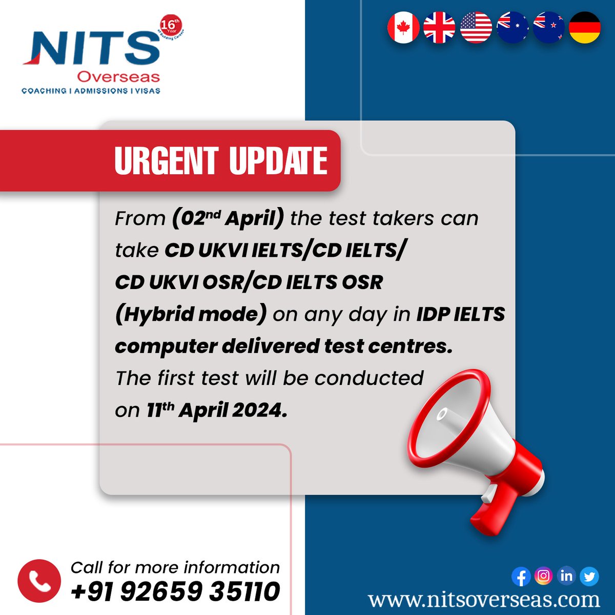 Starting from 2-04-24, test takers now have the flexibility to take CD UKVI IELTS/CD IELTS/CD UKVI OSR/CD IELTS OSR (hybrid mode) on any day at IDP IELTS computer delivered test centers. The 1st test in this new format will be conducted on 11-04-24.📚🎓

📞: +91 9265935110