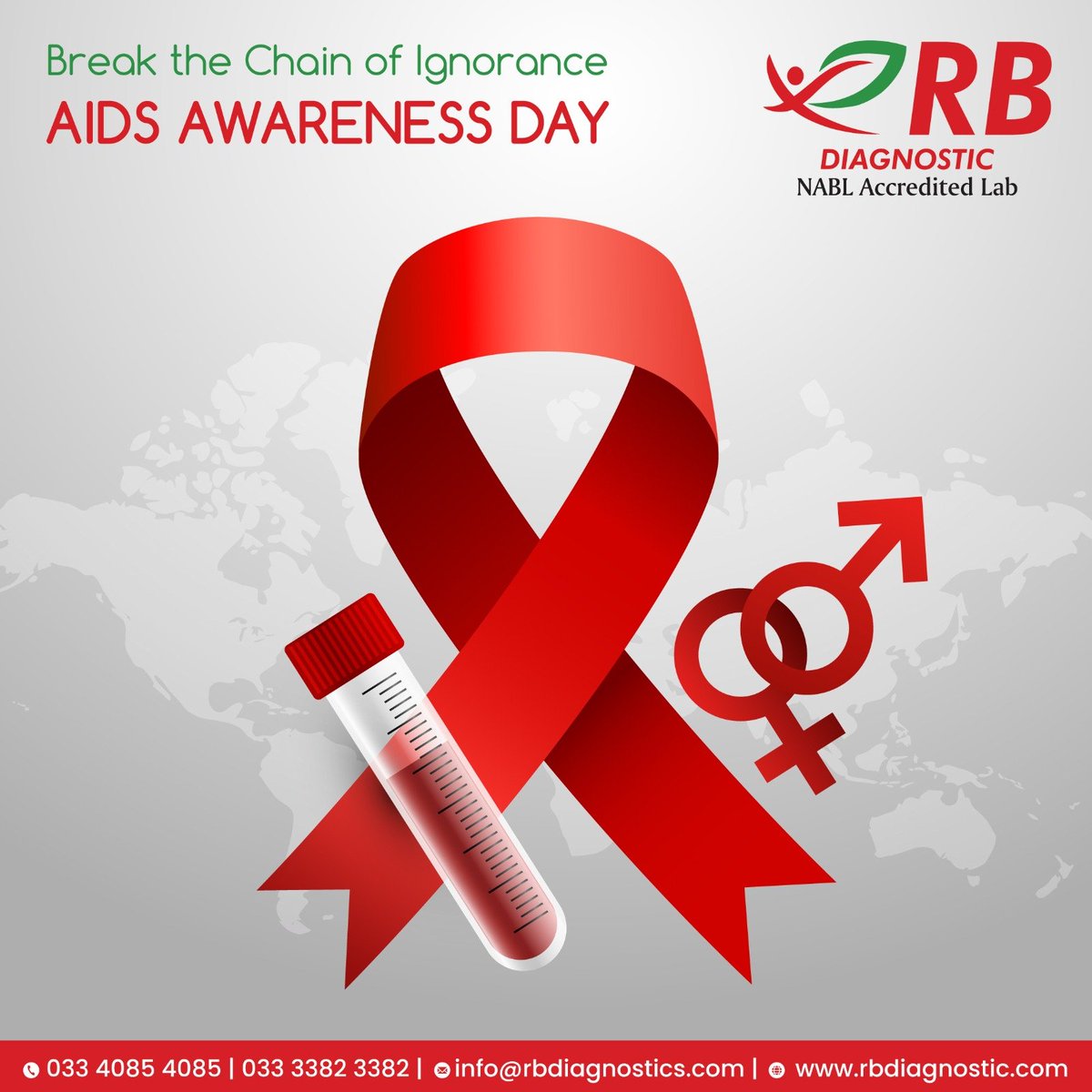 On AIDS Awareness Day, let's unite to educate, support, and eradicate stigma. Knowledge is power. 
.
.
.
#RBDiagnostic #AIDSAwarenessDay #EndTheStigma #EndAIDS #HIVAwareness #Diagnostic #MedicalLab #HealthCare #Healthylifestyle #LabTest #LabReports #DiagnosticCentre #Nephrologist