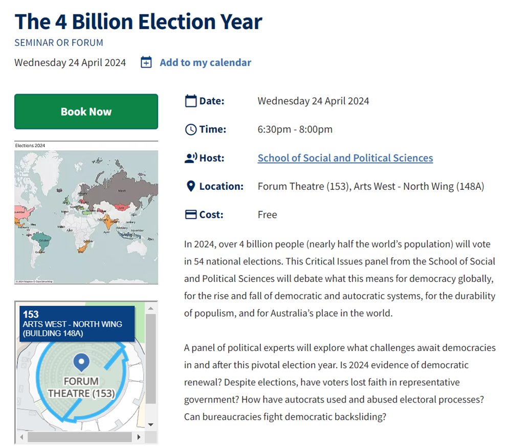 Please come to The Critical Issues panel moderated by @tim_lynchphd on 'The 4 Billion Election Year' where @EdwardGoldring @SeraphineMaerz and I will explore what challenges await democracies in and after this pivotal election year. Register here: events.unimelb.edu.au/social-and-pol…