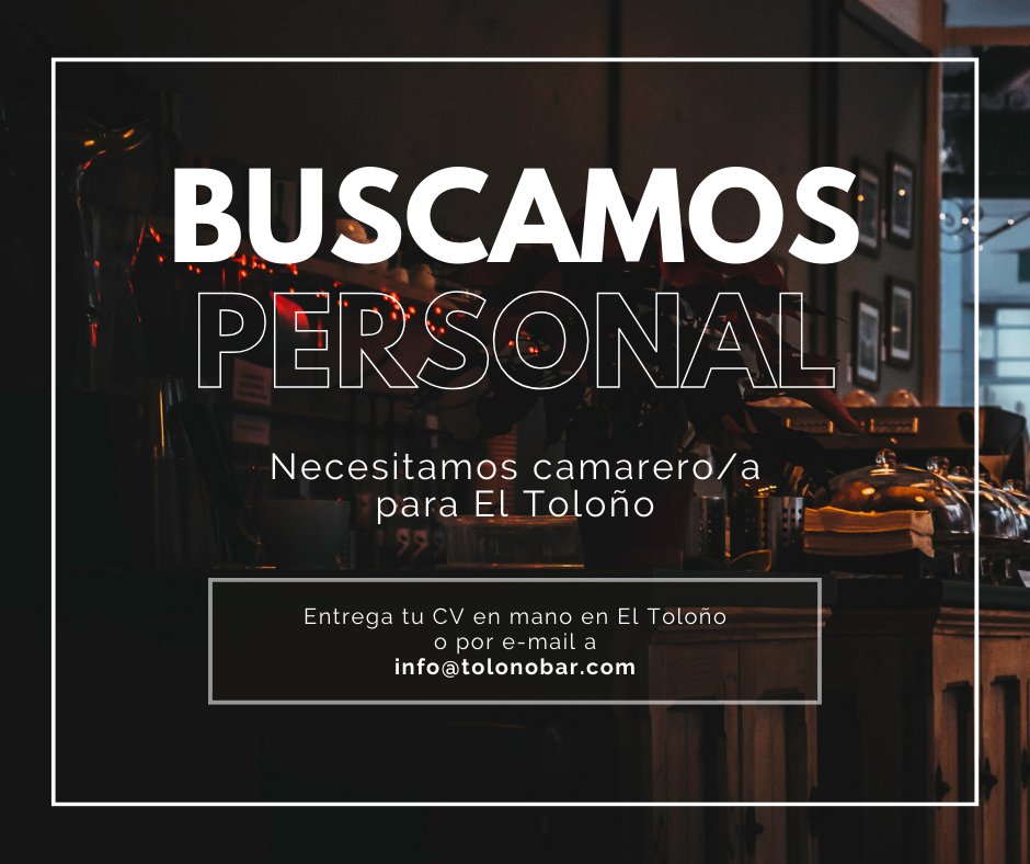 bareltoloño (@bareltolono) on Twitter photo Te estamos buscando. Entrega tu C.V. en mano en El Toloño o por e-mail a
info@tolonobar.com 
#oferta #ofertadetrabajo #bartoloño #camareros #work #trabajo #personal #VitoriaGasteiz Te estamos buscando. Entrega tu C.V. en mano en El Toloño o por e-mail a
info@tolonobar.com 
#oferta #ofertadetrabajo #bartoloño #camareros #work #trabajo #personal #VitoriaGasteiz