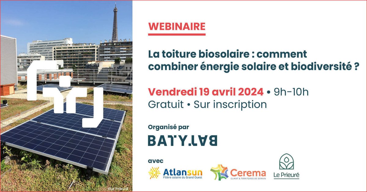 [SAVETHEDATE 📅] Participez au webinaire organisé par Batylab sur le thème de la toiture #biosolaire, en partenariat avec Atlansun, le Cerema et Le Prieuré, le 19/04 de 9h à 10h. 🔆 Inscrivez-vous ici 👉 swll.to/T184Evx (Le replay vous sera aussi envoyé !)