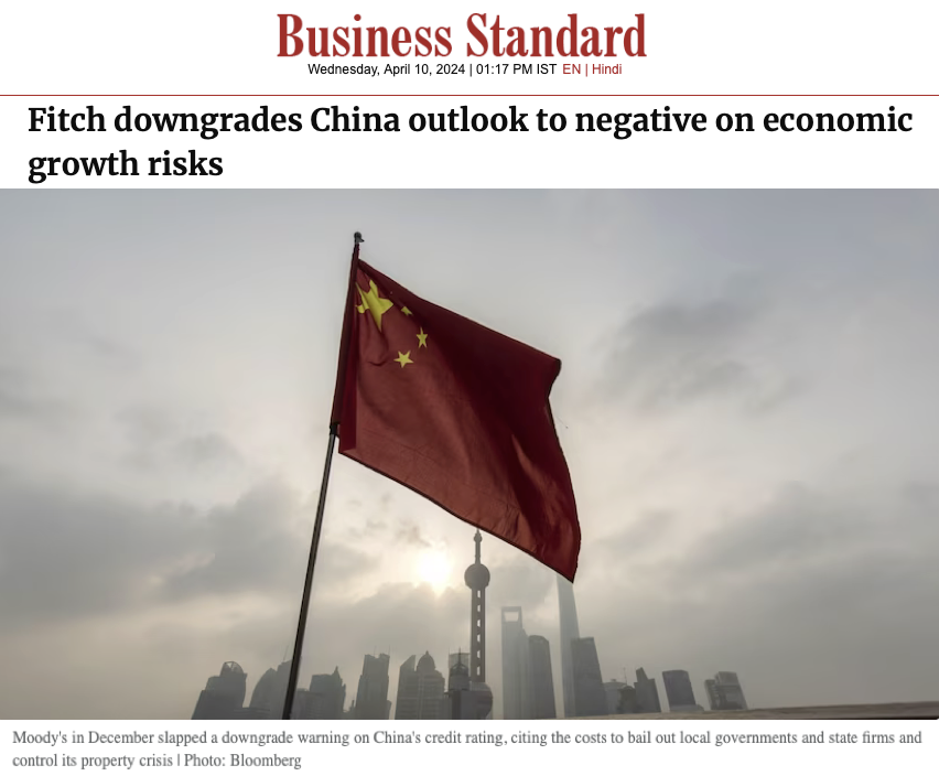 #Fitch downgrades #China outlook to negative on economic growth risks Ratings agency Fitch revised its outlook on China's sovereign credit rating to negative on Tuesday, citing risks to public finances as the economy faced increasing uncertainty in its shift to new growth…