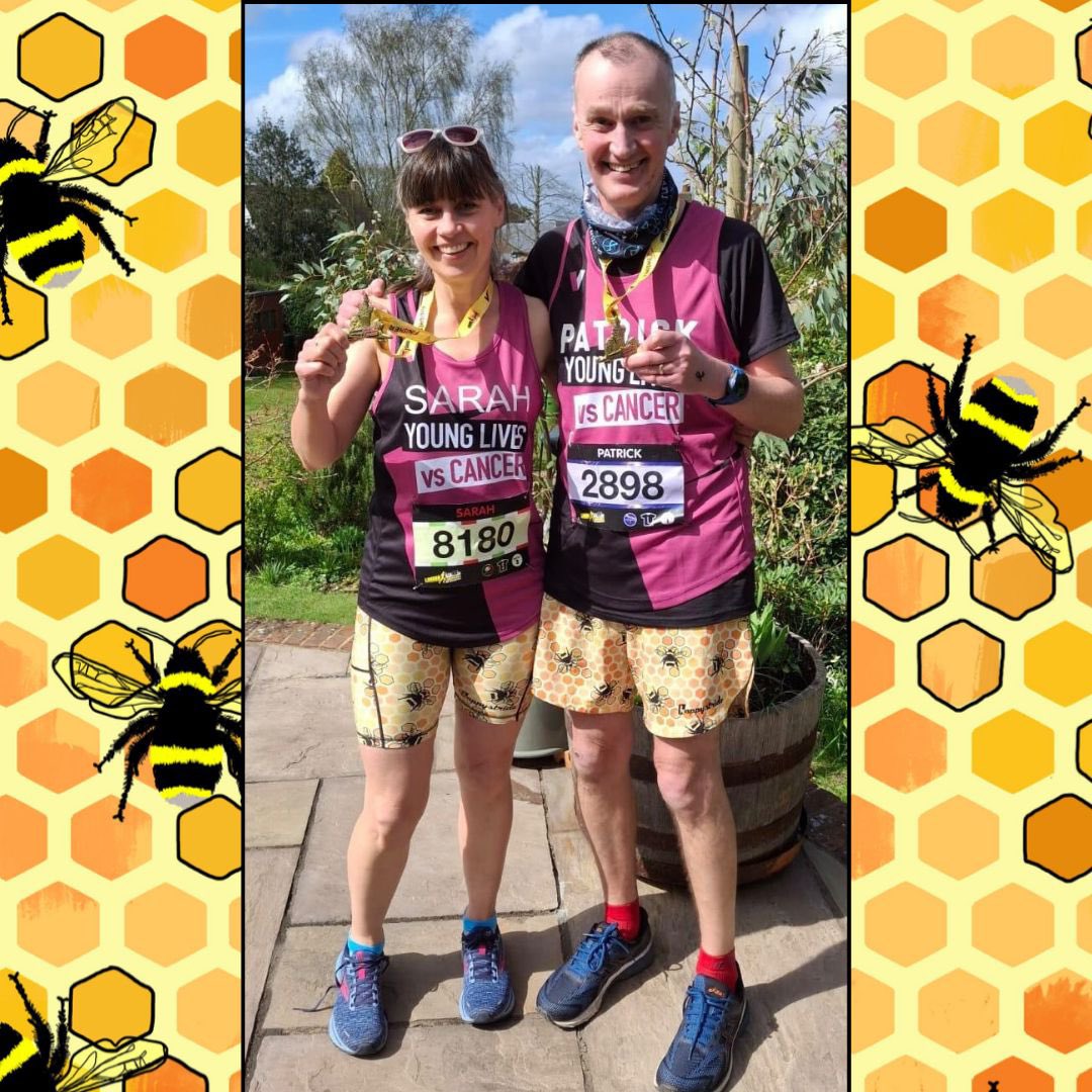 How fab do Sarah and Patrick look in their matchy-matchy “bee yourself” fitted and classic happystride shorts 🐝 🐝 They ran the @londonlandmarkshalf in memory and to honour their great-niece Elizabeth who absolutely loved bee’s! 🐝 and ran to support @younglivesvscancer
