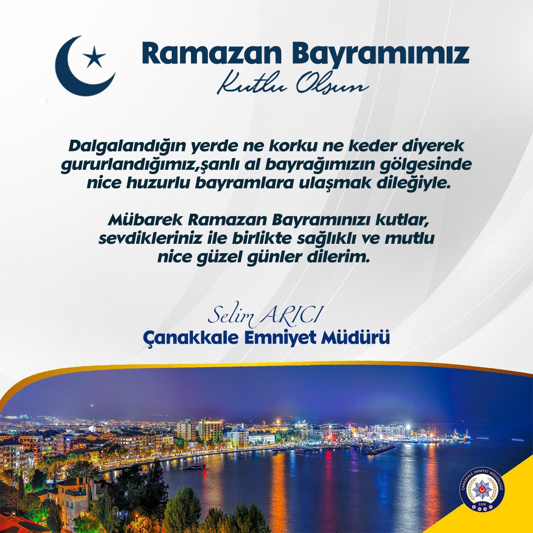 İyi Bayramlar. ❤️🌷

İl Emniyet Müdürümüz Sn. Selim ARICI’nın Ramazan Bayramı Kutlama Mesajı. 

#BayramınızKutluOlsun 🇹🇷