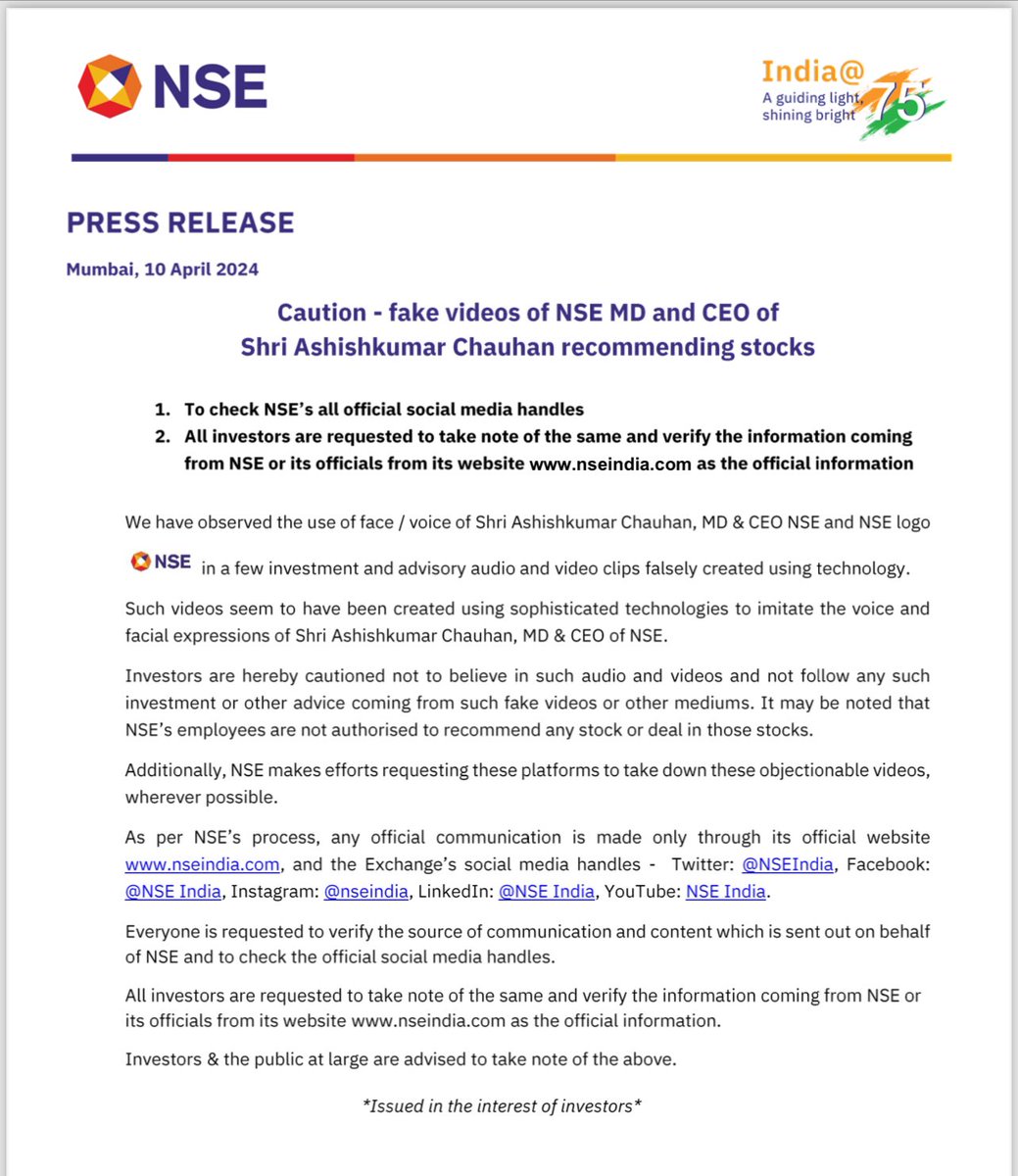 Caution - clarification on fake audio/ videos of NSE MD and CEO recommending specific stocks - circulating on social media for last few days. @NSEIndia