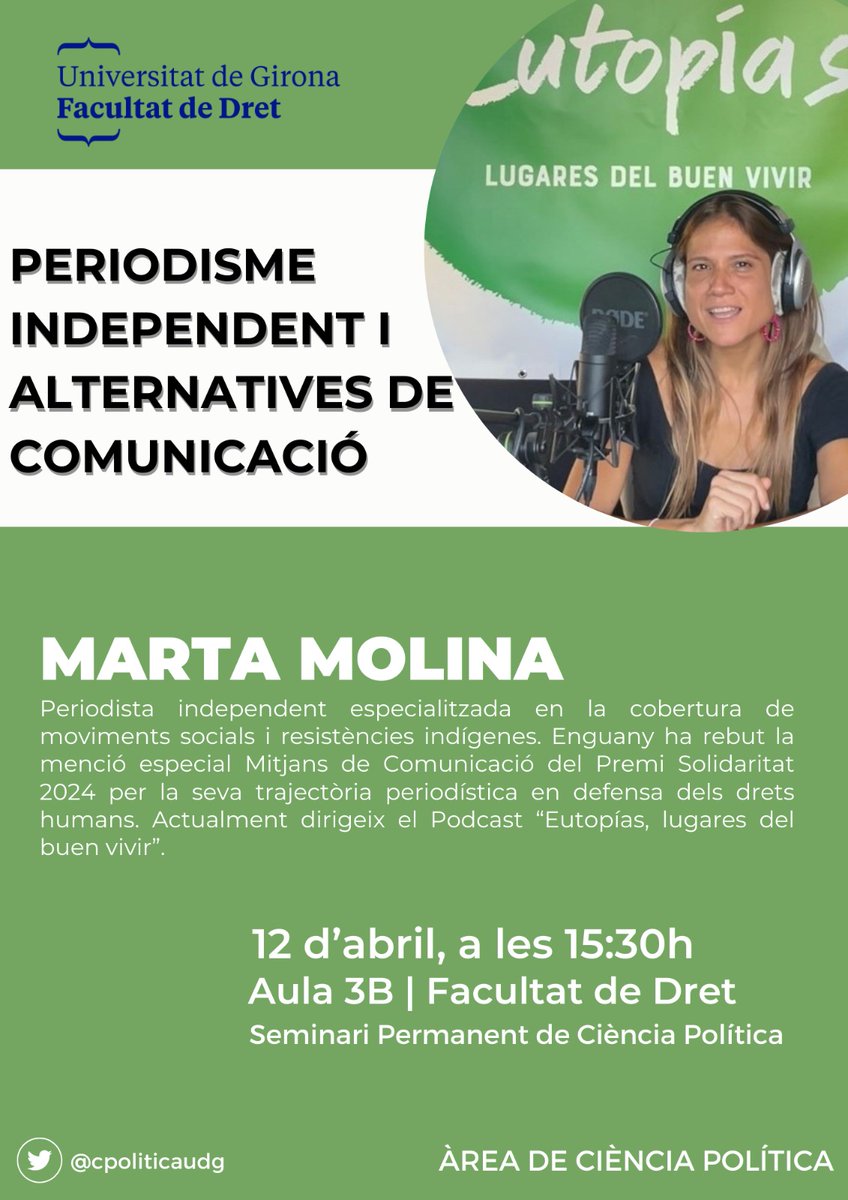 La propera sessió del #SeminariPermanent de Ciència Política és aquesta: Periodisme independent i alternatives de comunicació, amb Marta Molina.
👉🏼12 d'abril, 15:30h a @Udgfdret