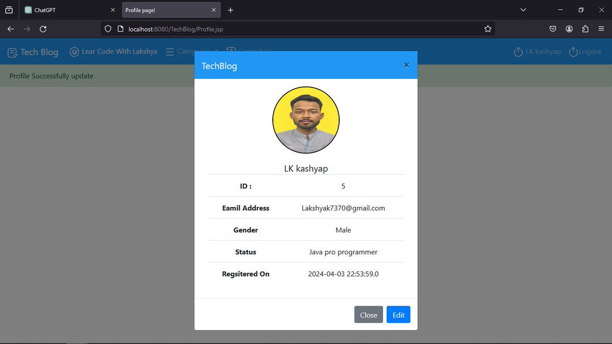 Lakshya7370's tweet image. Project's profile page is almost done, with options to edit details and change the profile picture. However, the design isn't great since I'm focusing more on #backend work. If you're interested in practicing a #JavaServlet project too, please have a look at the comments.