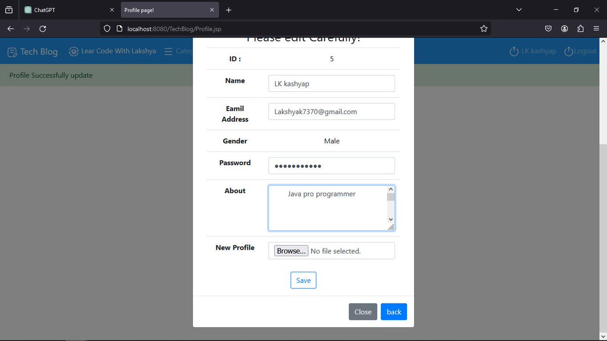Lakshya7370's tweet image. Project's profile page is almost done, with options to edit details and change the profile picture. However, the design isn't great since I'm focusing more on #backend work. If you're interested in practicing a #JavaServlet project too, please have a look at the comments.
