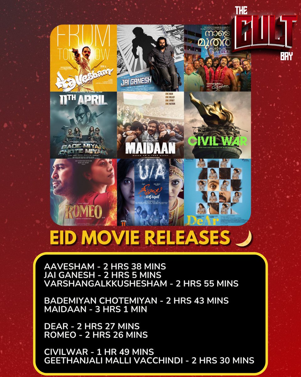 'Unwind this Eid with an array of captivating releases including #Maidaan, #VarshangalkkuShesham, and #BademiyanChotemiyan - which one will you watch first? 🎬🍿 #EidMovies #MovieMania #EidEntertainment #MustWatch #CinemaCelebration