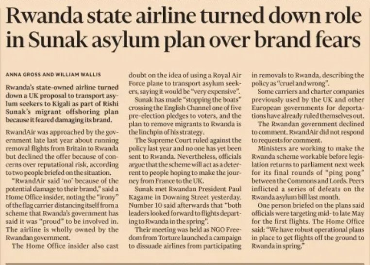 FightingAnne1's tweet photo. Rwanda state airline turned down role in Sunak asylum plan over brand fears.
Rwanda doesn't even want to help Sunak.
#ToriesOut643
#SunakOut533
#RwandaScam
#GeneralElectionNow https://t.co/2mwREu3fqC