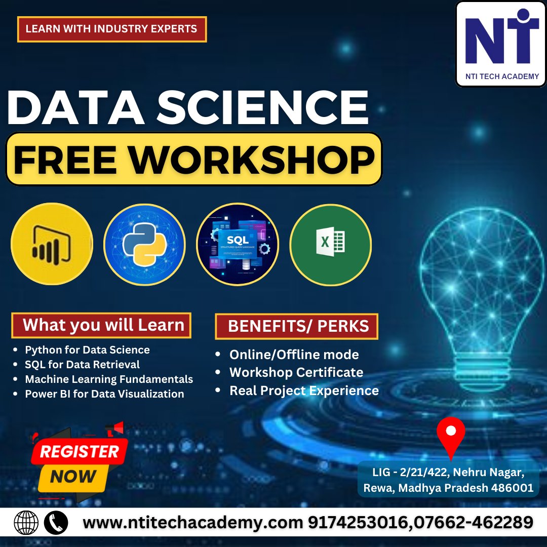 Dive into Data Science with NTI Tech Academy's FREE workshop! 

#DataScience #FreeWorkshop #NTITechAcademy #LearnData #MachineLearning #BigData #Python #DataViz #TechCareers #SkillUp #DataDriven #AI #TechEducation #Analytics #FutureOfData