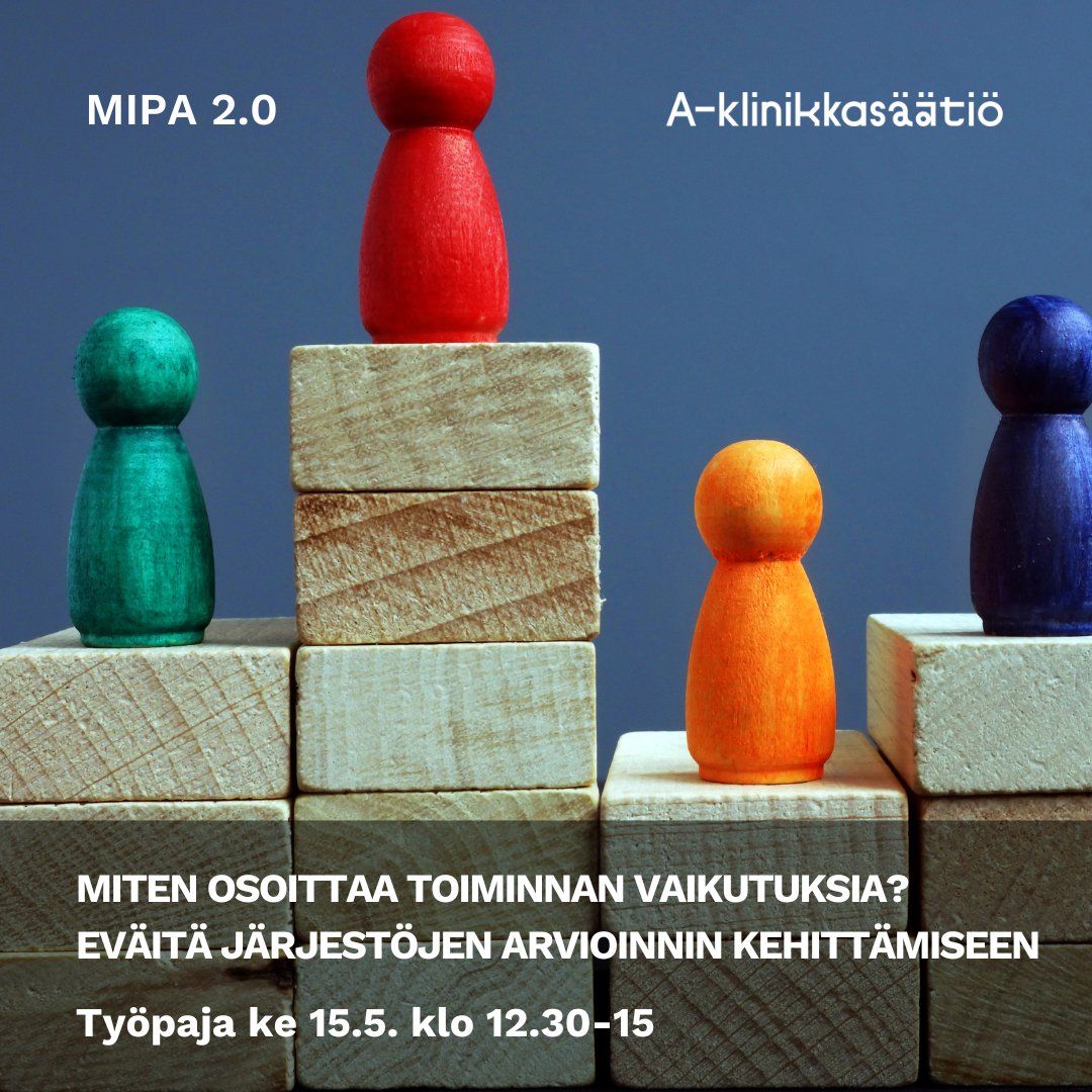 Aiheuttaako #vaikuttavuus #arviointi yhdistyksessäsi päänvaivaa? Mitä kannattaa mitata, miten ja miksi? Tule kuulemaan ja pohtimaan yhdessä @MIPAverkosto ja @ARTSItoiminta työpajaan! Työpaja on avoin kaikille kiinnostuneille. Ohjelma ja ilmoittautumiset: a-klinikkasaatio.fi/tapahtuma/tyop…