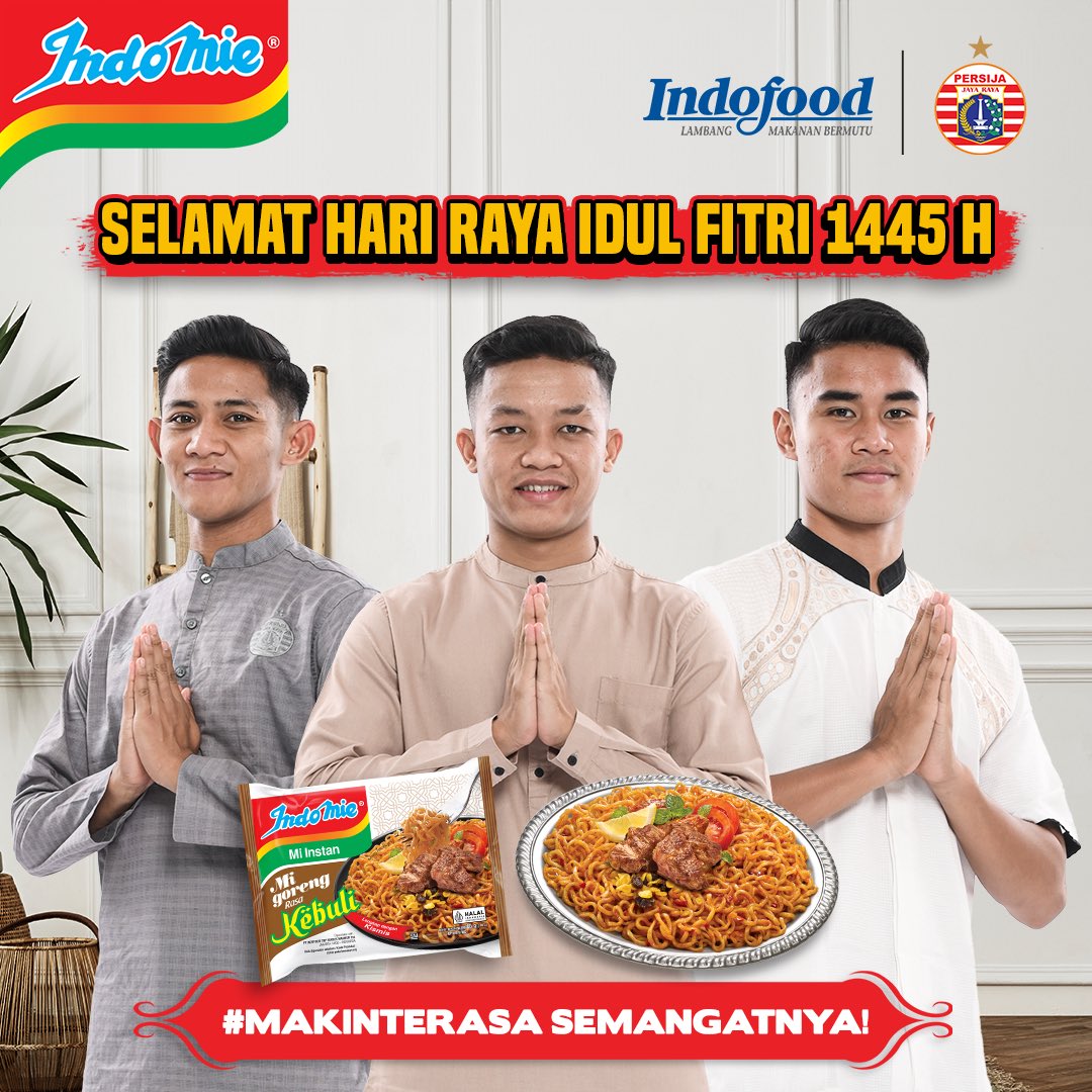 Selamat Hari Raya Idul Fitri 1445 H buat Jakmania yang merayakan. Yuk bikin momen kebersamaan di saat Lebaran jadi #MakinTerasa bareng yang baru dari @Indomielovers : Indomie Goreng Rasa Kebuli. Terus semangat dukung Macan Kemayoran bareng Indomie ya!