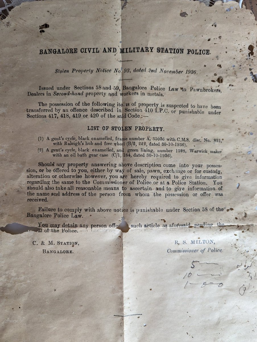 basicallyblah's tweet photo. A Bangalore police notice from 1936 issues by the then Police Commissioner :) @BlrCityPolice @CPBlr #history https://t.co/PLqlooipX8