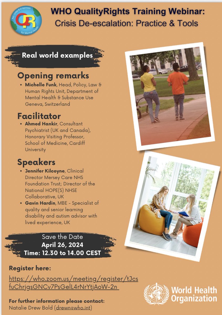 I'm pleased to announce our second <a href="/WHO/">World Health Organization (WHO)</a> #QualityRights training webinar on:

Crisis De-escalation: Practice &amp; Tools

26 April, 12.30 to 14.00 CEST.

Register here:
lnkd.in/eDSf_gPv