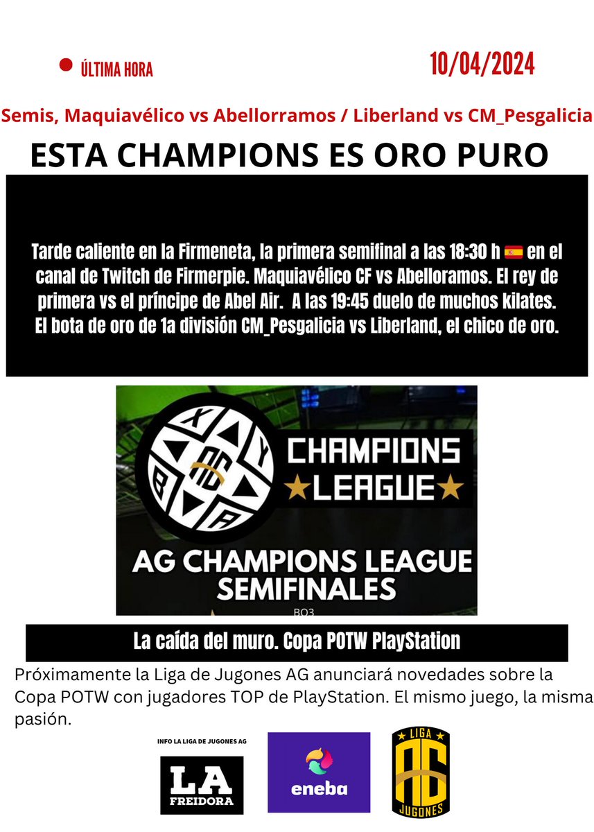 <a href="/MAQUIAVELICOSIX/">Maquiavelicosixsix</a> vs <a href="/lobatoabel/">Abel Lobato Ramos</a> 
<a href="/adrianruizfz/">Adrián Ruiz</a> vs <a href="/cm_pesgalicia/">CM_PESGALICIA</a> , 10 Abril 2024  semifinales de la AG Champions League. En vivo y en directo en el Estadio más grande del Mundo , canal de Twitch de <a href="/FIRMERPIE/">FIRMERPIE</a> .
#ThisIsLaLigaAG #Efootball2024 
@LigaefootballAG