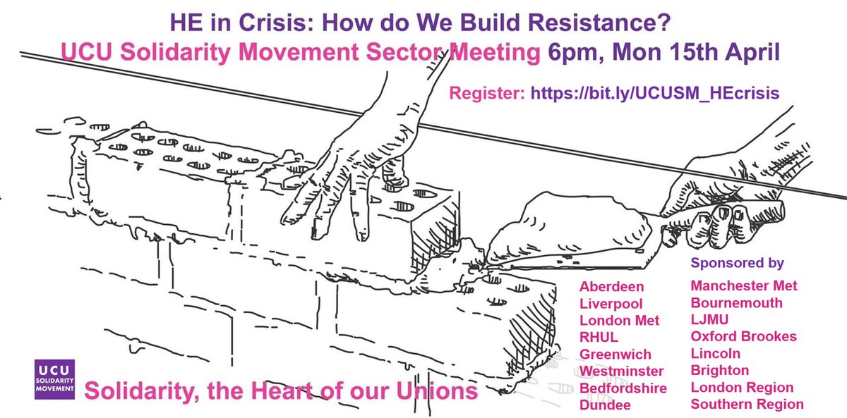 🚨HE IN CRISIS🚨 How Can We Build Resistance? ✴️Our sector is under attack — Redundancies,Pay&Conditions ✴️Important meeting for all @UCU reps! ⏱️6pm 📅Monday April 15 👉Register: bit.ly/UCUSM_HEcrisis Supported by: @Aberdeen_UCU @ULivUCU2 @UCU_LondonMet @RH_UCU (contd)