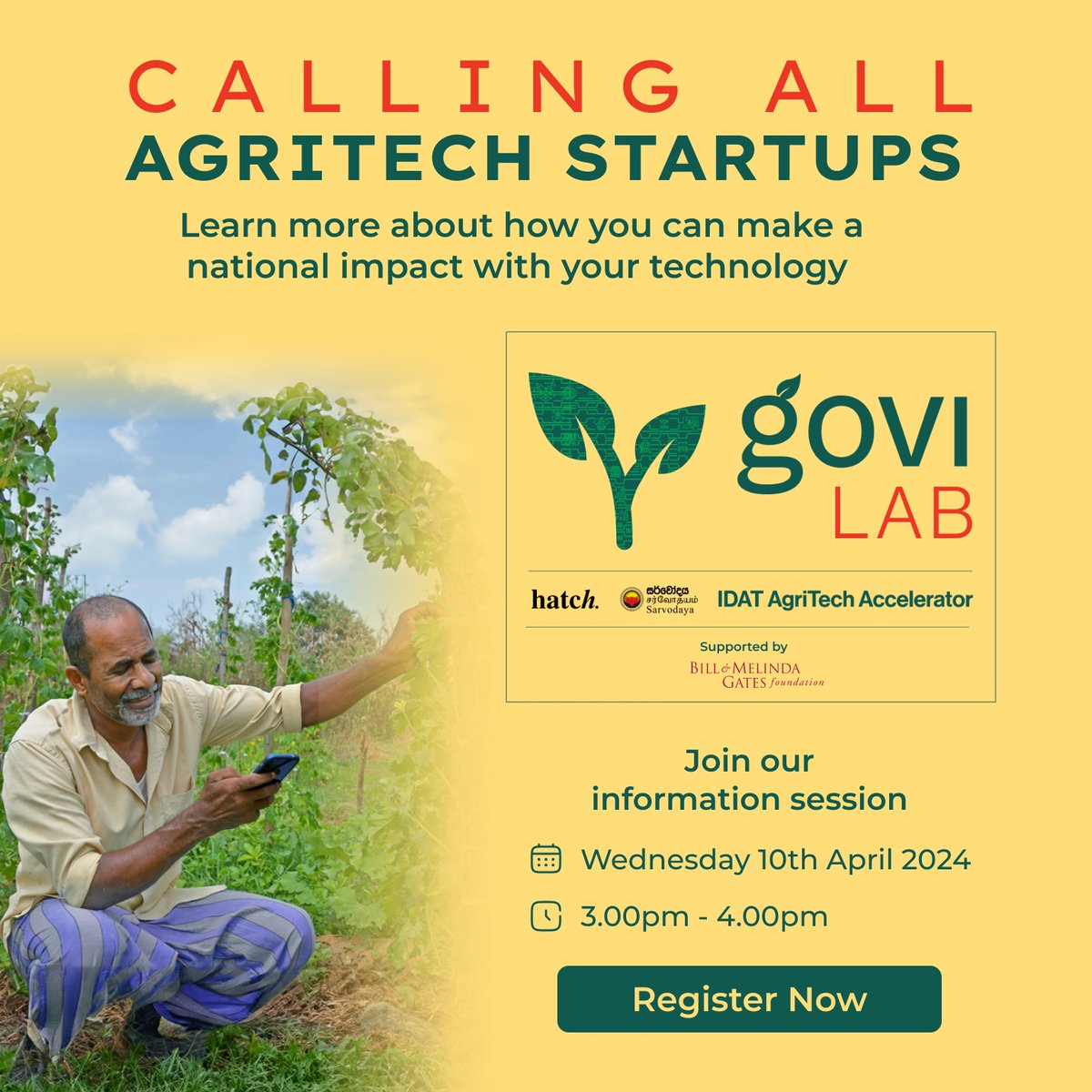 Join us today to learn how the 𝐆𝐨𝐯𝐢𝐋𝐚𝐛 𝐀𝐠𝐫𝐢𝐓𝐞𝐜𝐡 𝐀𝐜𝐜𝐞𝐥𝐞𝐫𝐚𝐭𝐨𝐫 can help you scale your startup to make a real difference for smallholder farmers across Sri Lanka. @hatchonline Register in advance : bit.ly/3UaHI1c