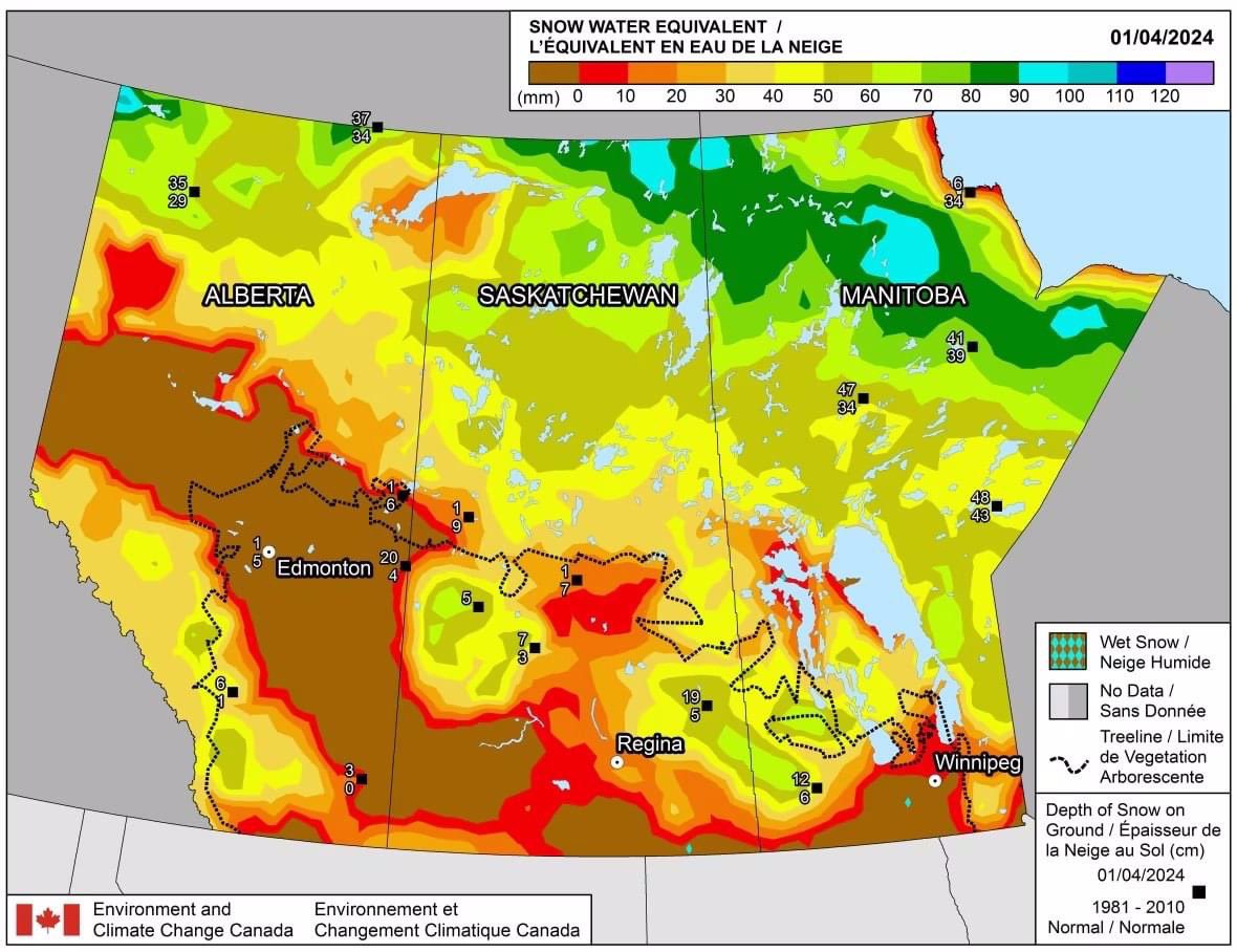 New data from Environment and Climate Change Canada paints a striking picture of Canada's Prairies in it's recently released snow water equivalent maps. The map pictured below is from early April. The brown area in the photo is very concerning because it means virtually zero to