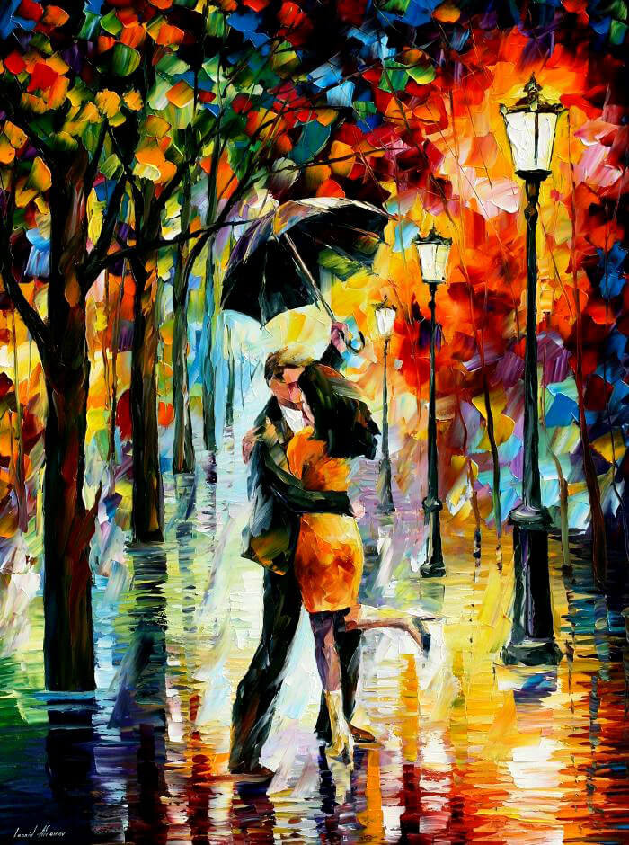 DANCE UNDER THE RAIN - Large-Size Original Oil Painting ON CANVAS by Leonid Afremov (not mixed-media, print, or recreation artwork). 100% unique hand-painted painting. Today's price is $99 including shipping. COA provided afremov.com/dance-under-th…