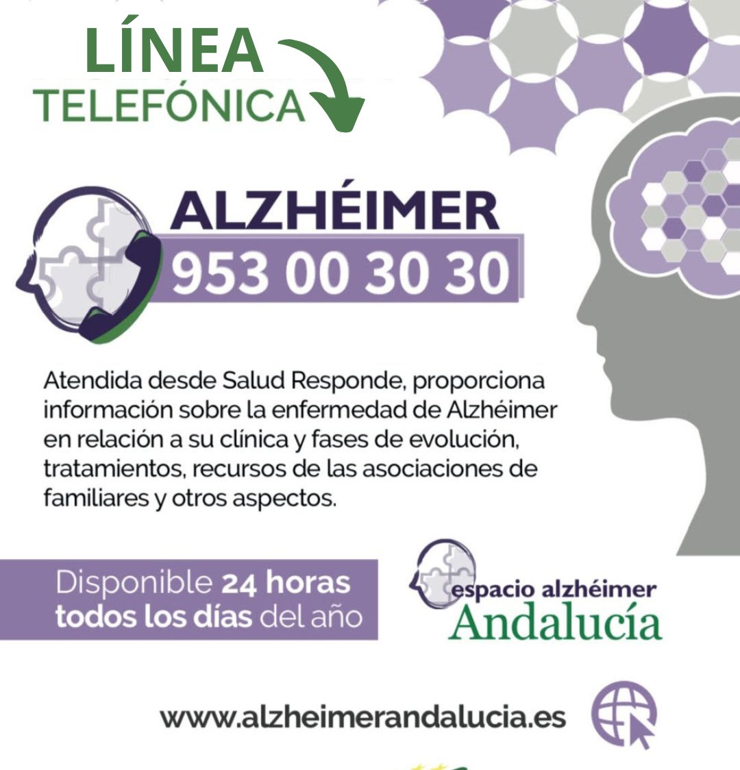 ☎ ¿Conoces la Línea Alzheimer? ✅ Está operativa 24h los 365 días del año. ✅ Te informa sobre: ➡ La clínica y fases de evolución de la enfermedad. ➡ Tratamientos adecuados. ➡ Recursos para asociaciones de familiares. ➡ Aspectos legales y sociales...