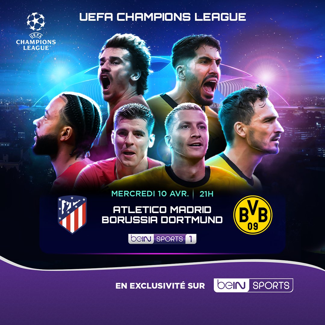 🏆 @ChampionsLeague ⚽ 1/4 de finale aller 📆 Mercredi 10 avril 2024 ⌚ 21H00 🏟️ Cívitas Metropolitano 🇪🇦 @Atleti / @BVB 🇩🇪 📺 @beinsports_FR 1 🎙️ Jean-Charles Sabattier - @pguillou42 🗣️ Marco Guida 🇮🇹 Source : @EnPleineLucarne