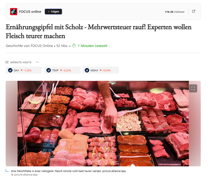 ChristophCanne's tweet photo. Die Mehrwertsteuer auf Fleisch soll von 7 auf 19% angehoben werden. Zugunsten des "Tierwohls": 

"Gefordert wird das laut einem Bericht der „Bild“ von der Zukunftskommission Landwirtschaft, in der Umweltverbände, Verbraucherschützer und auch der Bauernverband vereint sind. Das Ziel des Preisanstiegs: ein „Finanzierungsbeitrag der Verbraucher zu langfristig verlässlichen Tierwohlprämien“

https://t.co/8zY5hQZDKY