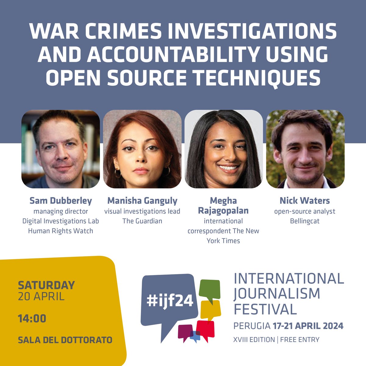 🔴 SAVE THE DATE! 'War crimes investigations and accountability using open source techniques'  #ijf24 with  @samdubberley @manisha_bot @meghara @N_Waters89 🎥Live & On Demand > Sat, 20 Apr journalismfestival.com/programme/2024…