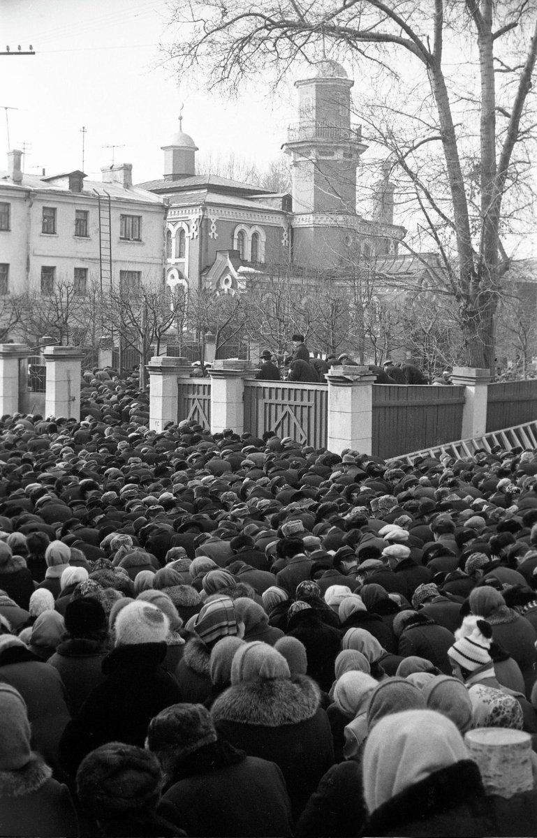 Soviet Muslims during Eid prayer at the Moscow Cathedral Mosque. USSR, 1967.