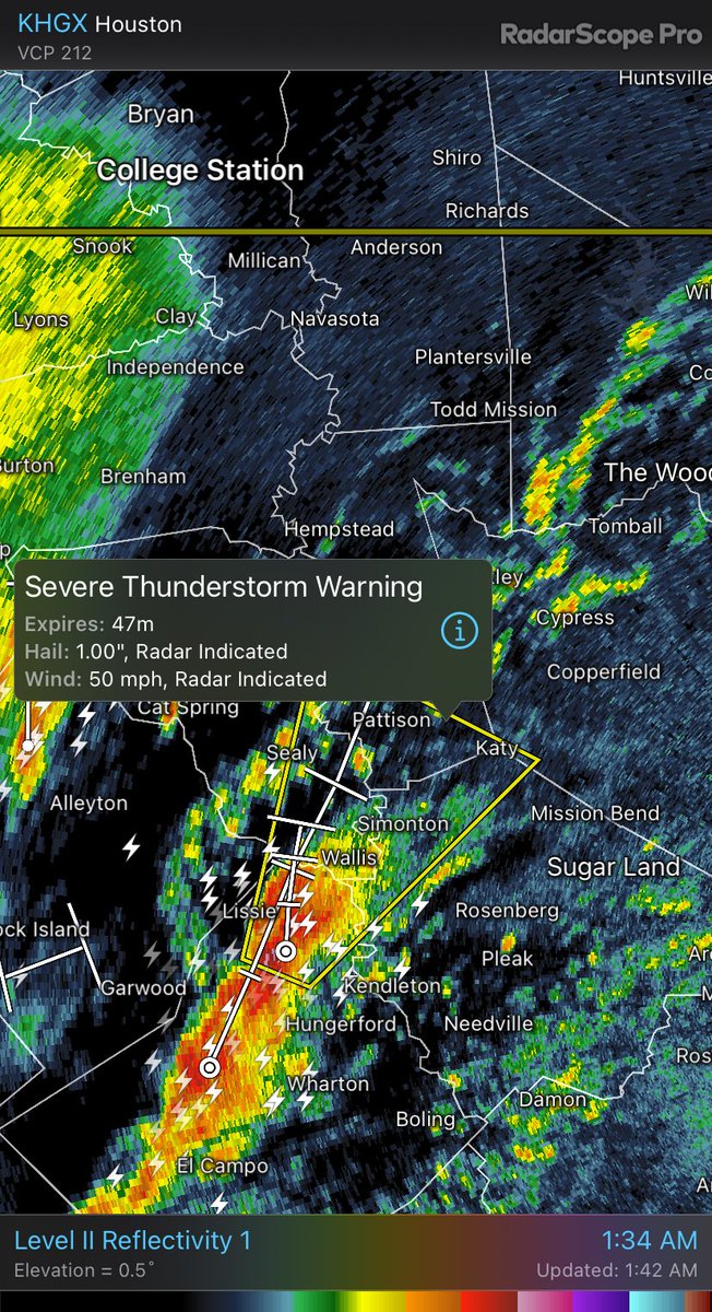 And speak of the devil… A Severe Thunderstorm Warning posted for the Katy area. This includes quarter size hail. #txwx #houwx