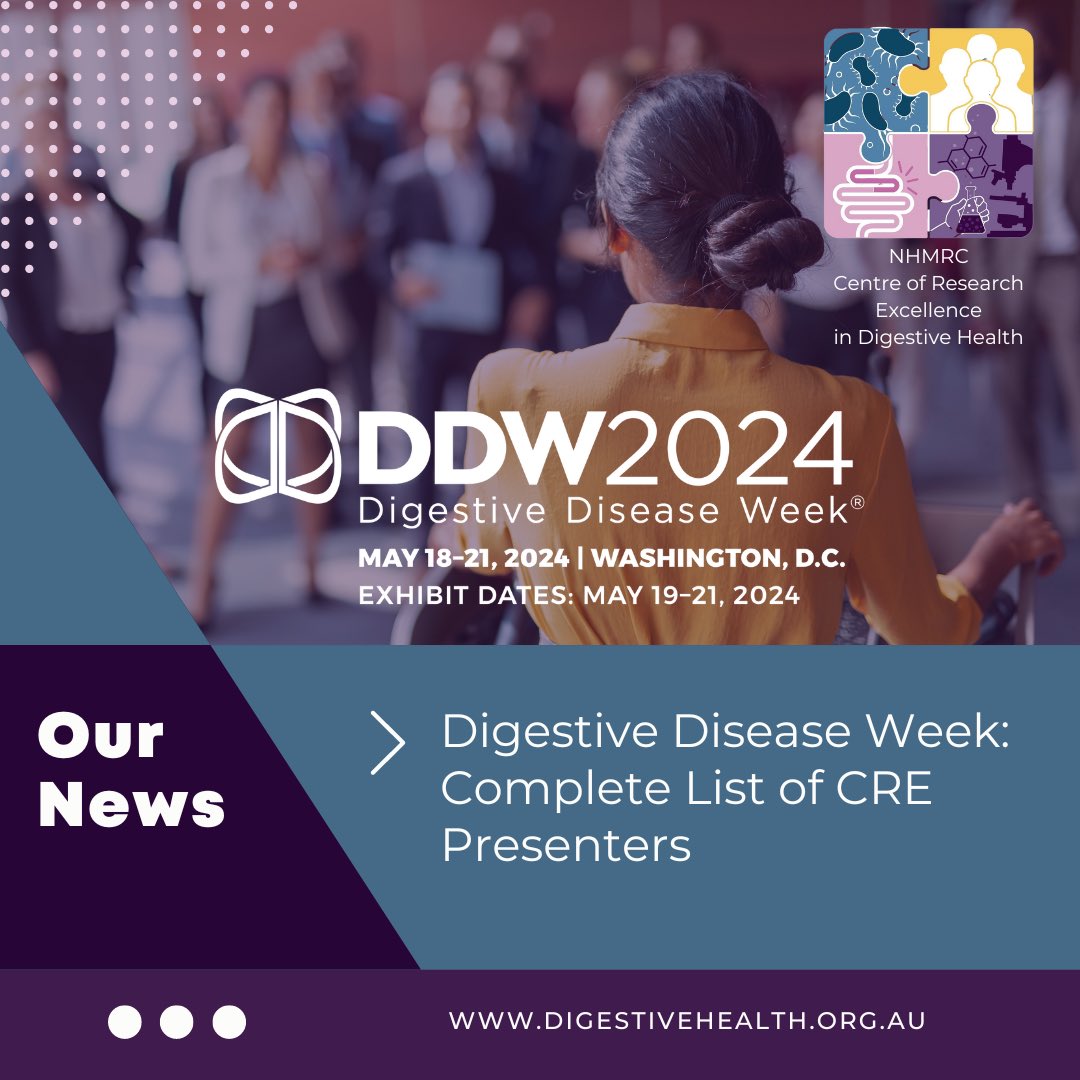 Our CRE team and collaborators have a packed schedule at DDW! See the full list of interesting and diverse presentations and posters here digestivehealth.org.au/digestive-dise… @GeraldHoltmann @Prof_NickTalley @AyeshaShah717 @simonkeely @GraceLBurns @EmilyHoedt @GWilliamsAPD @JennyCaytePryor