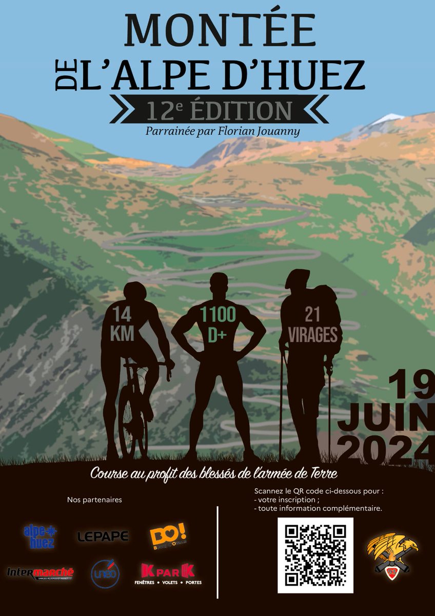 19 juin la traditionnelle montée des 21 virages de @alpedhuez organisée par les artilleurs des sommets. Inscrivez-vous ! Nous serons pour la 12e édition avec @JouannyFlo dans l'effort #AvecNosBlesses. #EntraideMontagne @armeedeterre @27bim @Defense_Sud_Est @RecrutemenTerre