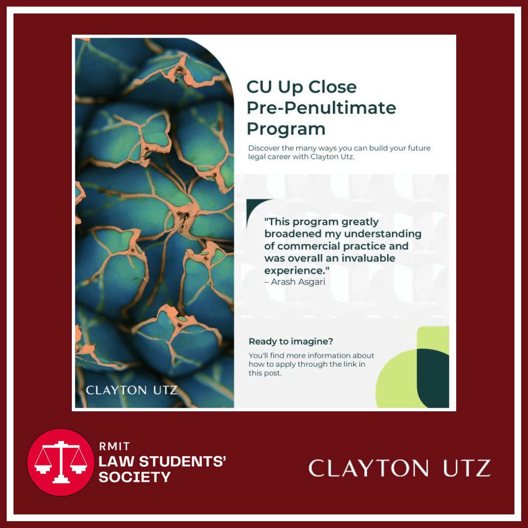 Applications open for Clayton Utz pre-penultimate program!

From the program you will gain:
- practical skills
- build your network
- discover how you shape your path with Clayton Utz

Application close 14 April 2024

Ready to imagine? Apply here: lnkd.in/gZmEhTyp