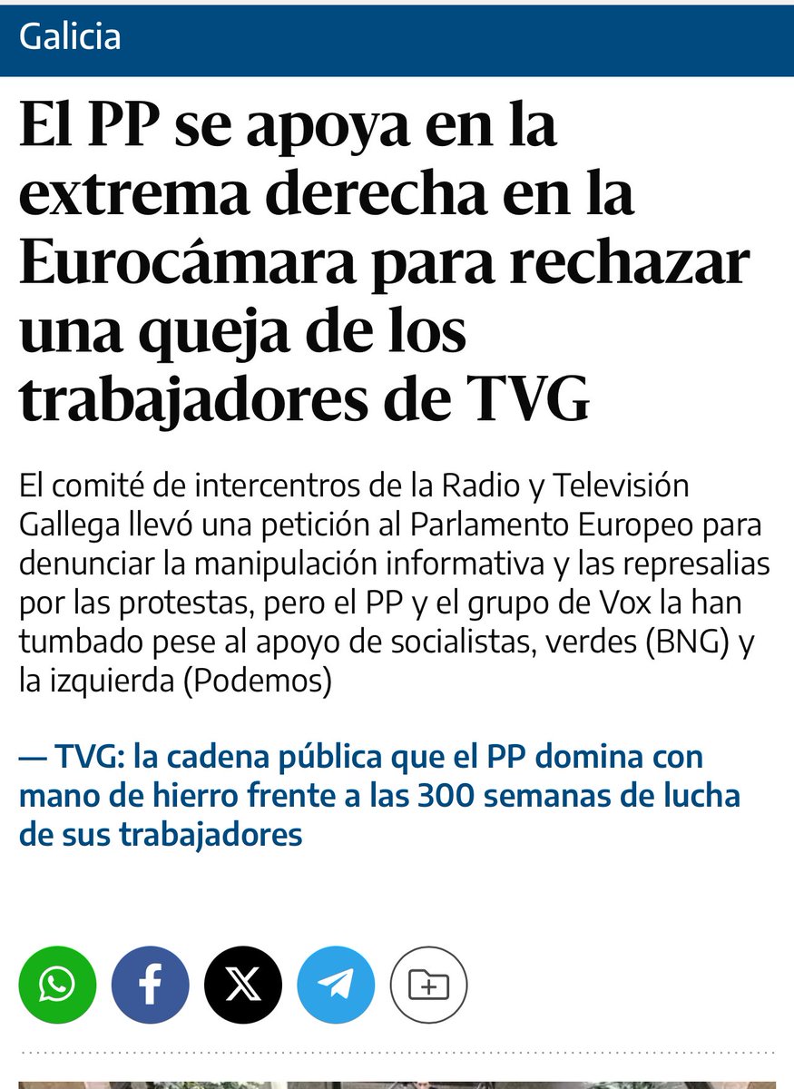 Lo han vuelto a hacer. 

El PP se apoya en la extrema derecha en la Eurocámara para tumbar una reclamación de los trabajadores de la Televisión de Galicia. eldiario.es/1_ac0c3b?utm_c…