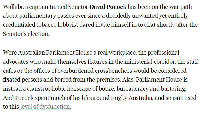 On parliamentary access passes, and the Labor MP who breezily admitted to having sponsored some 70-odd pass-holders. From tomorrow's column: afr.com/rear-window/ag…