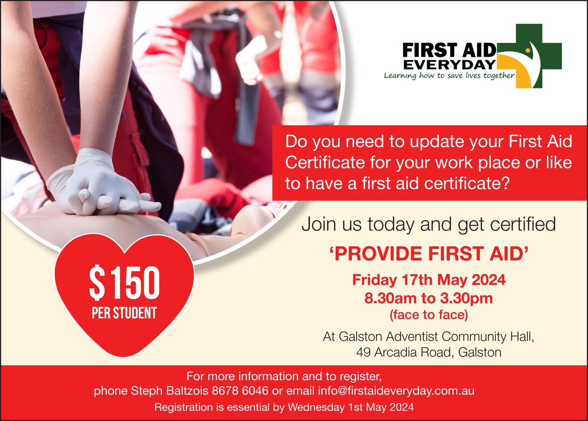 On Friday, 17th May, 8.30 am to 2.20 pm at Galston Adventist Community Hall, Arcadia Road, Galston.

Read more at galstoncommunity.com.au/first-aid-ever…
#everydaycourse #firstaidcourse #firstaid #firstaidtips #firstaidcourse #firstaidtraining #firstaidformentalhealth #galstonnews