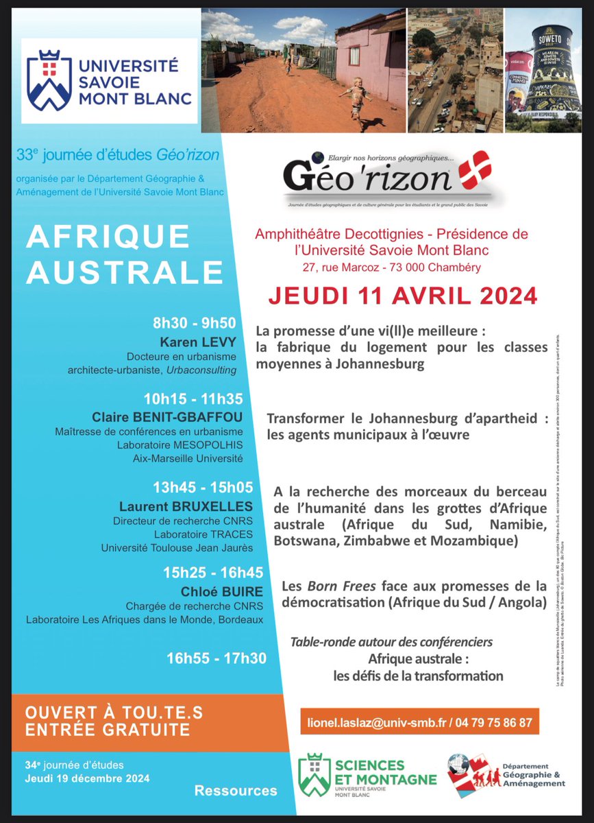 On se retrouve demain jeudi à @Univ_Savoie #Chambéry pour une journée de conférences dédiées à l’Afrique australe ? #urbanisme #archéologie #histoire #social #politique #démographie #géographie #karst #AfriqueduSud #Botswana #Angola @CNRS @umr5608_traces @IFAS_Research