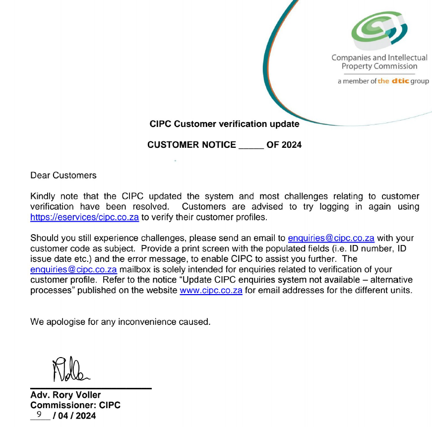 BizPortalGovZa's tweet photo. Dear Customer
Kindly note that the CIPC updated the system and most challenges relating to customer verification have been resolved.  
Should you still experience challenges, please visit https://t.co/XCxeME8CVX for more information. 
#BeVerified #TH!NKCIPC #YourBusinessOurFocus https://t.co/tHoVUIxOlh
